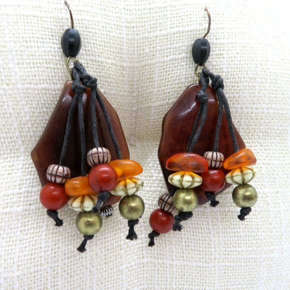 Vintage Artisan Handcrafted Pierced Earrings 2" Dangle Brown White Orange Beads - Picture 6 of 10